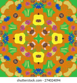 Circular seamless pattern of floral motif, stamens,flowers, spots, ellipses.Hand drawn.
