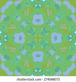 Circular seamless pattern of floral motif, stamens,flowers, spots, ellipses.Hand drawn.