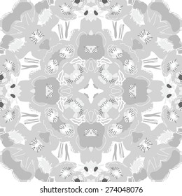Circular seamless pattern of floral motif, stamens,flowers, spots, ellipses.Hand drawn.