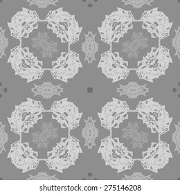 Circular  seamless pattern of floral motif, spots, hole. Hand drawn.