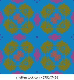 Circular  seamless pattern of floral motif, spots, hole. Hand drawn.