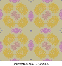 Circular  seamless pattern of floral motif, spots, hole. Hand drawn.