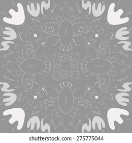 Circular seamless pattern of floral motif,  branches, leaves, tulips. Hand drawn, delicate.