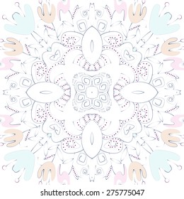 Circular seamless pattern of floral motif,  branches, leaves, tulips. Hand drawn, delicate.