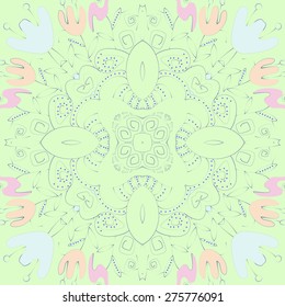 Circular seamless pattern of floral motif,  branches, leaves, tulips. Hand drawn, delicate.