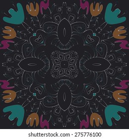 Circular seamless pattern of floral motif,  branches, leaves, tulips. Hand drawn, delicate.