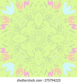 Circular seamless pattern of floral motif,  branches, leaves, tulips. Hand drawn, delicate.