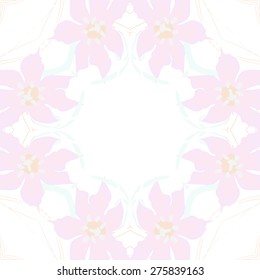 Circular seamless pattern of floral motif, flowers, leaves, ellipses. Hand drawn.
