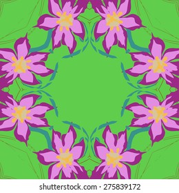 Circular seamless pattern of floral motif, flowers, leaves, ellipses. Hand drawn.