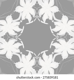 Circular seamless pattern of floral motif, flowers, leaves, ellipses. Hand drawn.