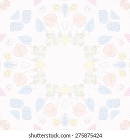 Circular seamless pattern of floral motif, flowers, leaves, cats, spiral. Hand drawn.