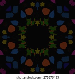 Circular seamless pattern of floral motif, flowers, leaves, cats, spiral. Hand drawn.