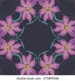Circular seamless pattern of floral motif, flowers, leaves, ellipses. Hand drawn.