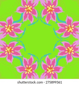 Circular seamless pattern of floral motif, flowers, leaves, ellipses. Hand drawn.