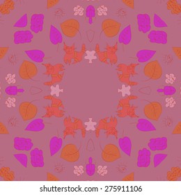 Circular seamless pattern of floral motif, flowers, leaves, cats, spiral. Hand drawn.