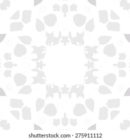 Circular seamless pattern of floral motif, flowers, leaves, cats, spiral. Hand drawn.