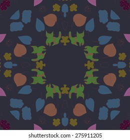 Circular seamless pattern of floral motif, flowers, leaves, cats, spiral. Hand drawn.