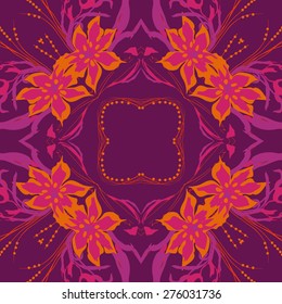 Circular seamless pattern of floral motif, flowers, leaves,branches. Hand drawn.