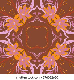 Circular seamless pattern of floral motif, flowers, leaves,branches. Hand drawn.
