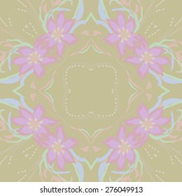 Circular seamless pattern of floral motif, flowers, leaves,branches. Hand drawn.