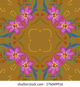 Circular seamless pattern of floral motif, flowers, leaves,branches. Hand drawn.