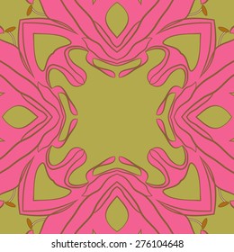 Circular  seamless pattern of floral motif, stamen,stripe, copy space. Hand drawn.