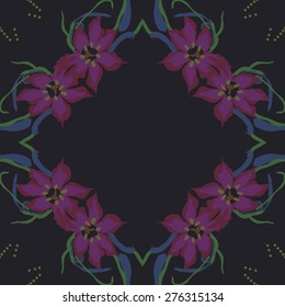 Circular seamless pattern of floral motif, flowers, leaves,copy space. Hand drawn.