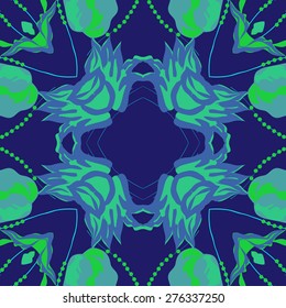 Circular seamless pattern of floral motif, flowers ,branches, ellipses. Hand drawn.