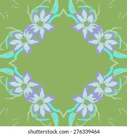 Circular seamless pattern of floral motif, flowers, leaves,copy space. Hand drawn.