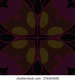 Circular seamless pattern of floral motif, flower, doodles, stamens. Hand drawn.