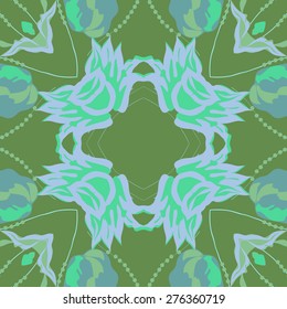 Circular seamless pattern of floral motif, flowers ,branches, ellipses. Hand drawn.