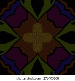 Circular seamless pattern of floral motif, flower, doodles, stamens, spots. Hand drawn.