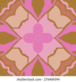 Circular seamless pattern of floral motif, flower, doodles, stamens, spots. Hand drawn.