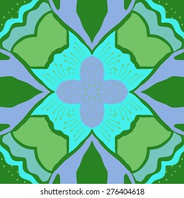 Circular seamless pattern of floral motif, flower, doodles, stamens, spots. Hand drawn.