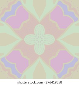 Circular seamless pattern of floral motif, flower, doodles, stamens, spots. Hand drawn.