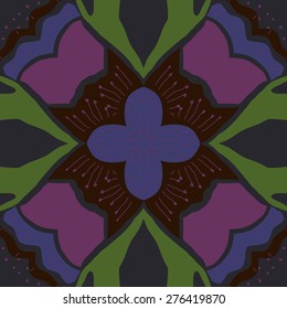Circular seamless pattern of floral motif, flower, doodles, stamens, spots. Hand drawn.