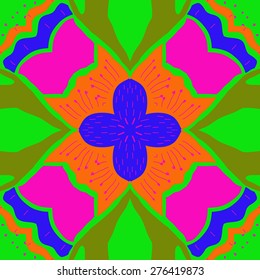 Circular seamless pattern of floral motif, flower, doodles, stamens, spots. Hand drawn.