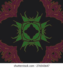 Circular seamless pattern of floral motif, flower, ellipses,cross,leaves,flowers. Hand drawn.