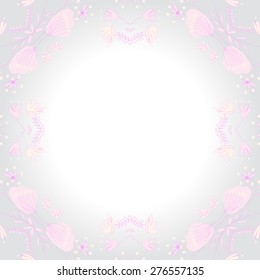 Circular seamless pattern of floral motif, leaves, ellipses,branches, copy space. Hand drawn.