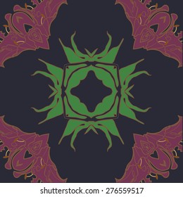 Circular seamless pattern of floral motif, flower, ellipses,cross,leaves,flowers. Hand drawn.