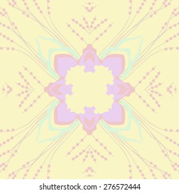 Circular seamless pattern of floral motif, leaves, ellipses,branches,spots. Hand drawn.