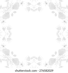 Circular seamless pattern of floral motif, leaves, ellipses,branches, copy space. Hand drawn.