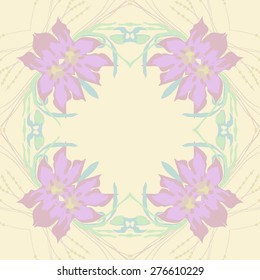 Circular seamless pattern of floral motif, flowers, leaves, branches, copy space. Hand drawn.