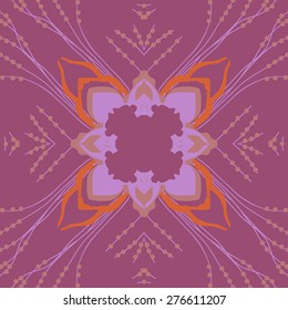 Circular seamless pattern of floral motif, leaves, ellipses,branches,spots. Hand drawn.