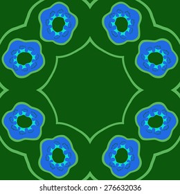 Circular seamless pattern of floral motif, flowers,stamens, hole, star, copy space. Hand drawn.