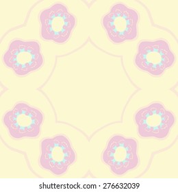 Circular seamless pattern of floral motif, flowers,stamens, hole, star, copy space. Hand drawn.