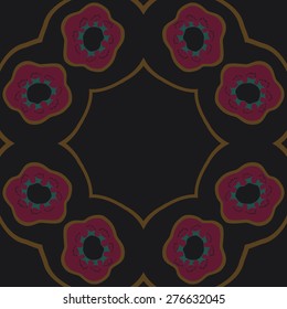 Circular seamless pattern of floral motif, flowers,stamens, hole, star, copy space. Hand drawn.