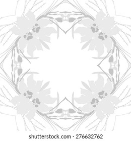 Circular seamless pattern of floral motif, flowers, leaves, branches, copy space. Hand drawn.