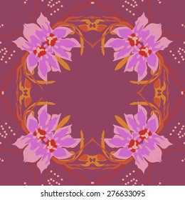 Circular seamless pattern of floral motif, flowers, leaves, branches, copy space. Hand drawn.