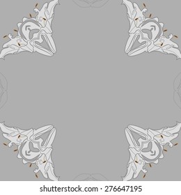 Circular  seamless pattern of floral motif, stamen, lily,ellipse, copy space. Hand drawn.